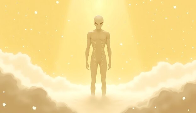 Golden extraterrestrial alien humanoid character in glowing light. Generative AI