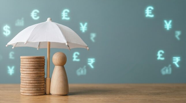Financial insurance and wealth protection concept, wooden figure and coin stack under white umbrella, business banking banner with copy space.