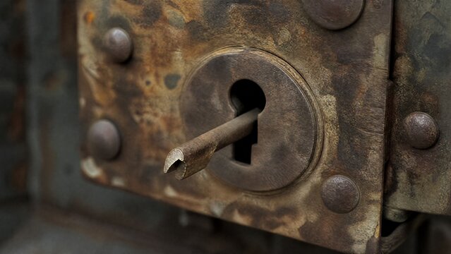 indentation. A rusted antique lock with a broken key stuck in its keyhole, weathered metal surface. wildlife magazines, conservation campaigns, designed for wildlife conservation campaigns.