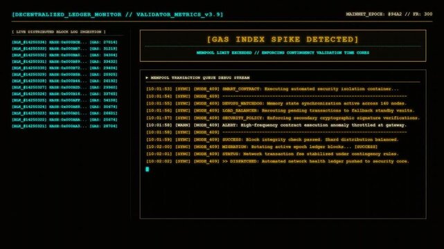 Decentralized Ledger Monitor Screen Displaying Gas Index Spike Detected Warning Banner and Live Crypto Blockchain Transaction Queue Debug Stream Logs.