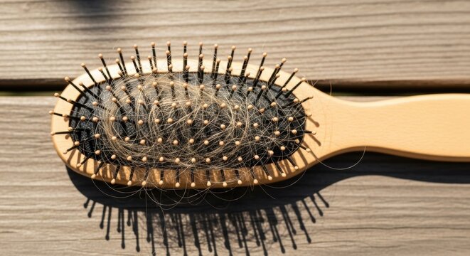 Wooden hairbrush with strands of lost hair on bristles. Concept of hair loss, balding and scalp health medical problem. Close up of brush after combing, maintenance and care.