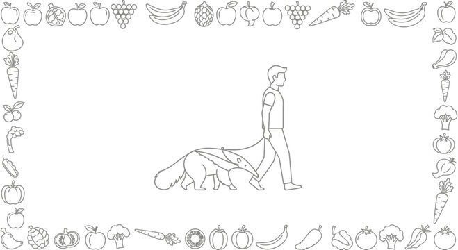 Man walking a giant anteater on a leash, framed by fruits and vegetables border