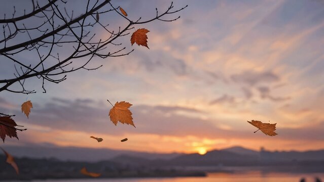 genuineness. Autumn leaves detaching from bare tree branches against a soft sky in a gentle breeze. representing seasonal cycles and harvest abundance.