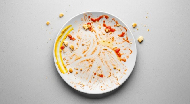 Empty white plate with leftover sauce and bread crumb. Dirty dish after dining. Food waste and hunger concept. Concept of finishing a meal or lack of appetite in minimalist style.
