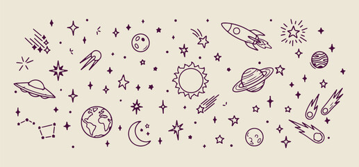 cosmic space doodle set, planetary system line icons, minimalist galaxy art elements, clean universe sketch collection, simple stars planets graphics, trendy cosmic space icons, premium vector space a © Geetaroy