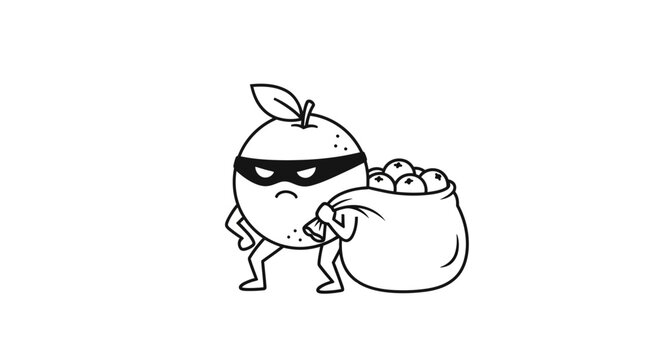 Orange thief with sack of berries, cartoon character, funny illustration