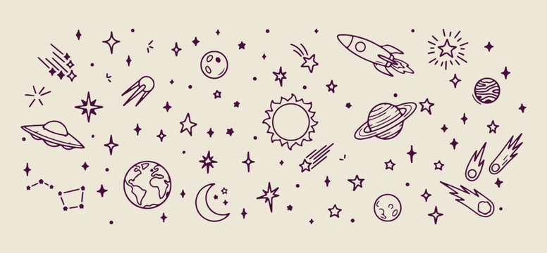 cosmic space doodle set, planetary system line icons, minimalist galaxy art elements, clean universe sketch collection, simple stars planets graphics, trendy cosmic space icons, premium vector space a
