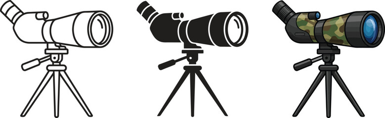 Set of spotting scope icons on tripod featuring outline solid and camouflage styles ideal for outdoor hunting or observation designs © Ahmad