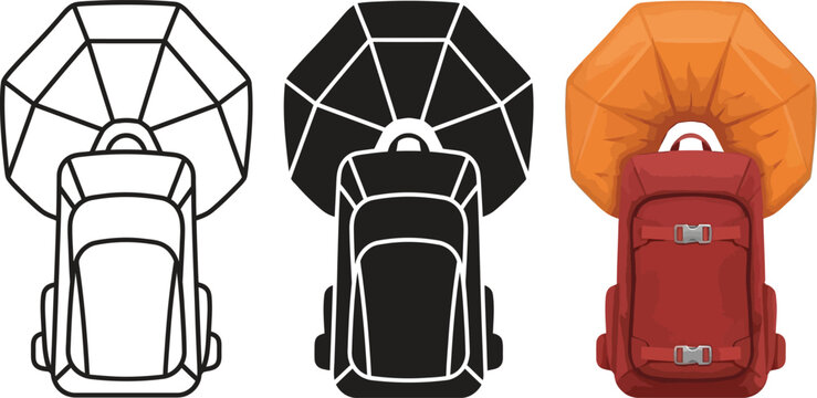 Set of travel backpacks with open umbrellas presented in outline glyph and realistic vector styles ideal for outdoor adventure and weather p