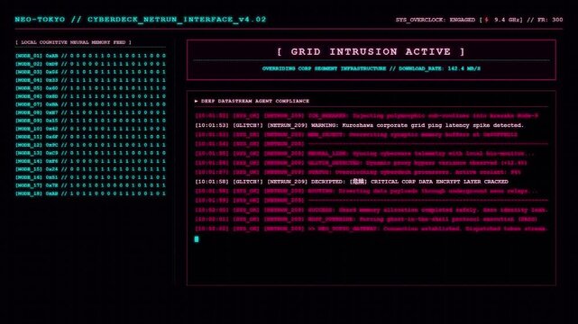 Neo Tokyo Cyberdeck Netrun Interface Screen Displaying Active Grid Intrusion and Deep Datastream Agent Compliance Telemetry Status Codes.