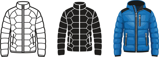 Set of puffer jacket illustrations featuring outline black and blue hooded designs perfect for fashion templates or winter apparel concepts © Ahmad
