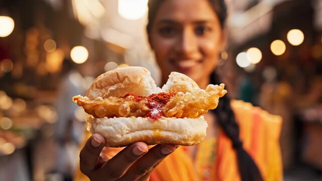 Smiling woman holding a fresh vada pav in a warm, bokeh-filled mumbai street food market setting.
