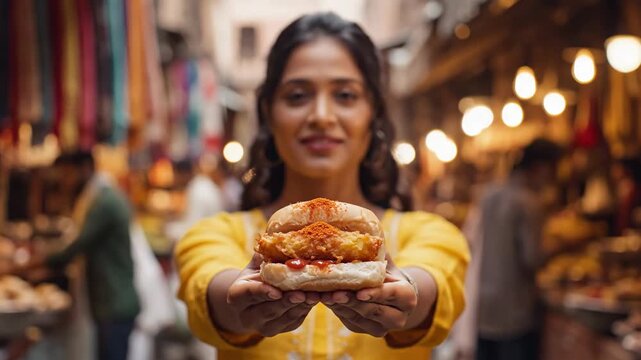 Woman holding a fresh vada pav in a vibrant mumbai street market with warm bokeh lighting.
