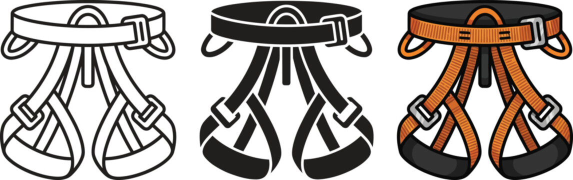 Set of climbing harnesses in outline solid and colored styles vector illustration for outdoor sports and safety equipment concepts isolated 