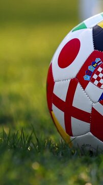 International soccer ball on grass at sunset