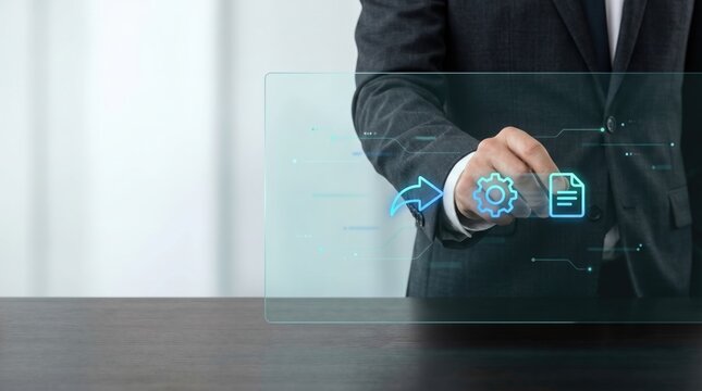 Businessman Presenting Interactive Customer Service And Business Support Interface On Glass Screen, Highlighting CRM, Digital Communication, And Modern Enterprise Solutions