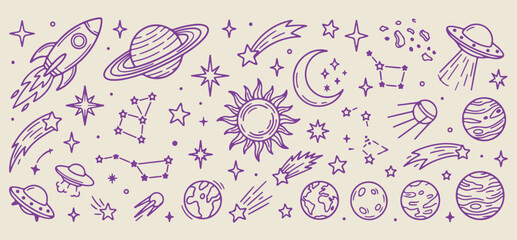 celestial space pattern, night sky wallpaper, minimalist galaxy graphics, stellar universe art, clean star elements, cosmic body set, premium vector illustration  © Geetaroy