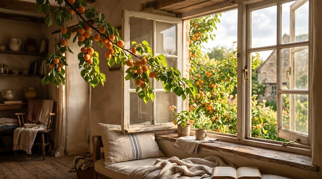 Cozy rustic window nook with apricot tree branches and open view