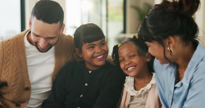 Love, smile and parents in family home with kids for connection, bonding together and care. Children, mother and father at living room for relax, happiness and trust on weekend break on couch