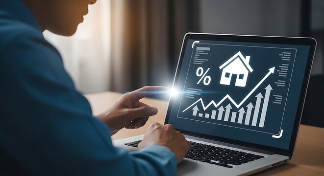 Person analyzing house market trends on laptop at office desk with financial graphs