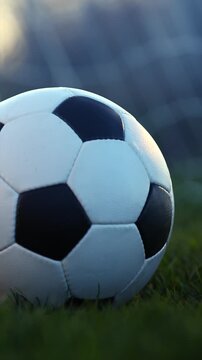 Soccer ball near goal at evening