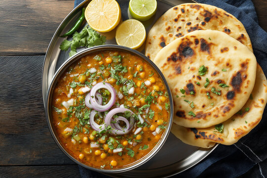 Indian street-style matar kulcha served with onions and lemon in steel plate