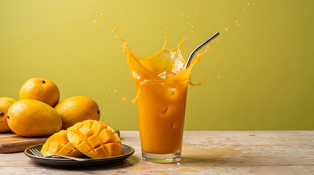 Jus mangga segar memercik dinamis dalam gelas di samping buah-buahan matang melambangkan energi tropis yang hidup dan hidrasi menyegarkan maksimal