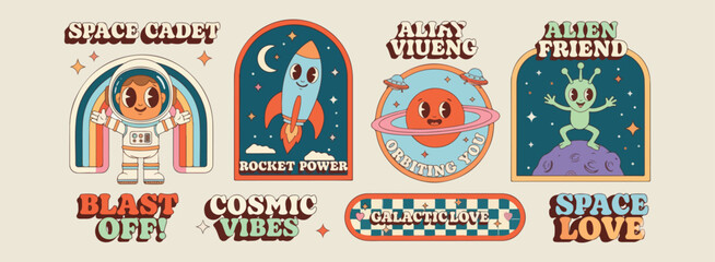 rocket ship stickers, cosmic space icons, vintage planet elements, minimalist galaxy graphics, clean stars symbols, festive mission set, premium vector illustration  © Geetaroy