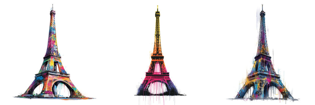 Set of View of the Eiffel Tower with artistic watercolor paint splashes dissolving on transparent png background. Ai generated