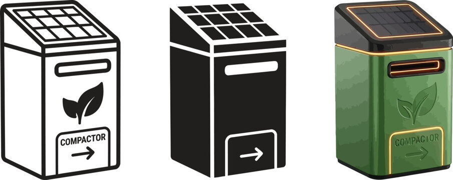 Solar powered smart waste compactor icons a versatile set in outline glyph and realistic 3D styles ideal for eco-friendly urban technology s