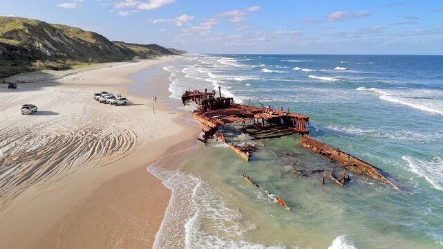 Aerial view of the famous Maheno wreck on Fraser Island Australia