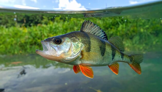 Largemouth bass underwater, hooked on bait, surrounded by vibrant aquatic plants in a freshwater lake.