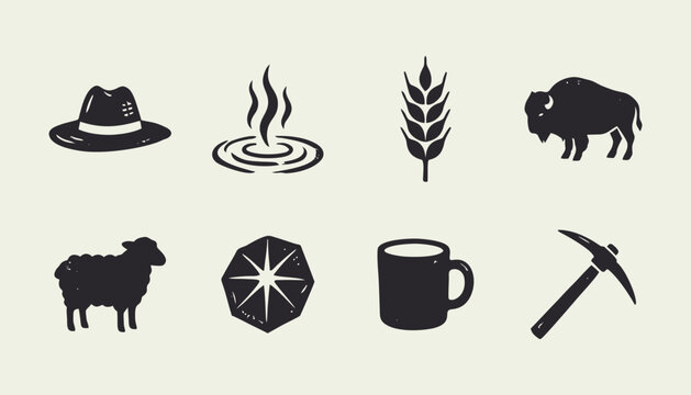 Hand drawn vintage western and pioneer icons set with bison wheat sheep and pickaxe