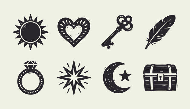 Set of hand-drawn linocut icons featuring sun heart key feather ring star moon and chest
