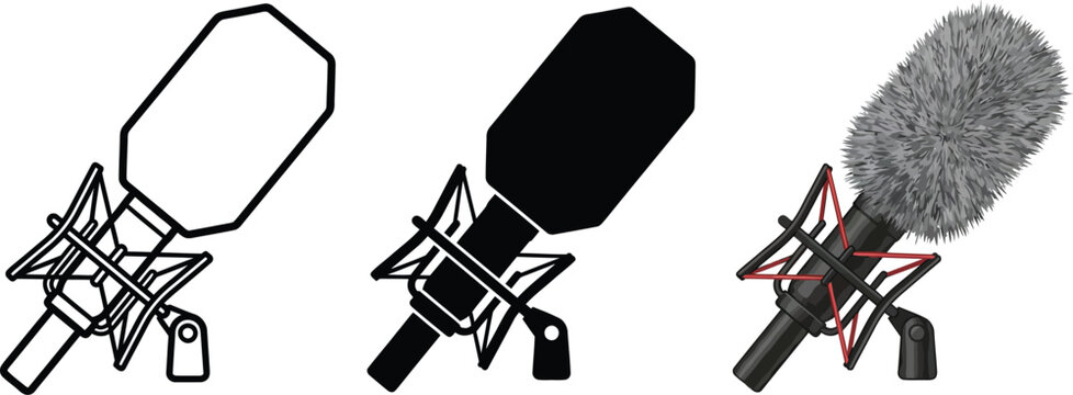 Versatile shotgun microphone illustrations including outline solid glyph and realistic furry wind muff versions perfect for audio production