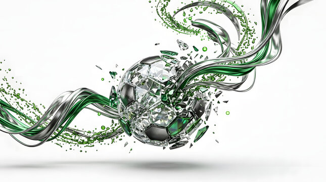 A crystal-faceted soccer ball shatters into shards of glass and green liquid metal ribbons in a dramatic explosive composition.