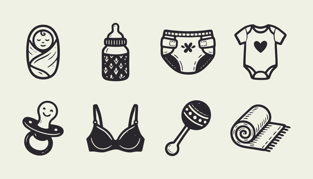 Hand drawn baby shower icons set including bottle diaper onesie pacifier and newborn items