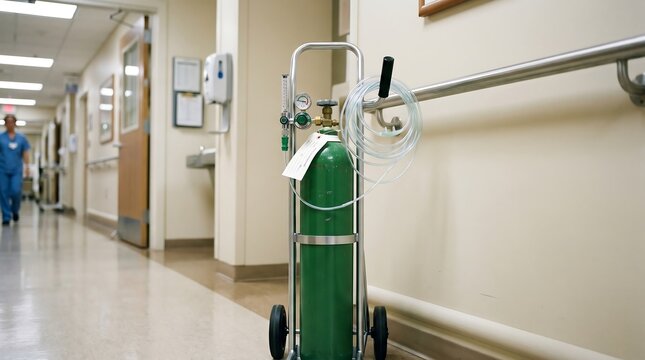Medical oxygen cylinder tank on wheeled trolley in hospital corridor with healthcare staff