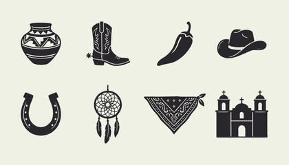 Set of black silhouettes of Western icons including cowboy boot hat and dreamcatcher