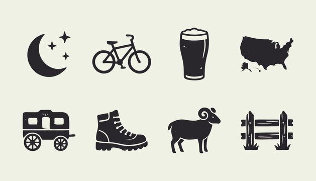 Set of black rustic icons including bicycle moon beer USA map hiking boot and ram