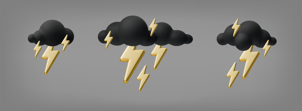 Set of 3d black cloud and gold thunderbolt for lightning icon. Cartoon thunder clouds for spark bolt and fog light silhouette. 3d sale blitz for cloud flash black and lightning emoji shape.