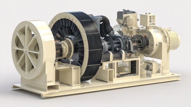 Industrial dust exhaust ventilation centrifugal fan air blower assembly with electric motor cross-section, isolated on white background with soft shadow, hvac air handling equipment, industrial ventil