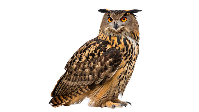 A majestic wild owl bird perched calmly side view profile looking forward wildlife animal isolated on transparent background