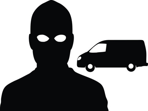 Criminal silhouette with van black vector icon on white