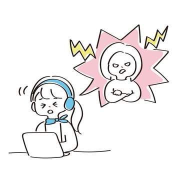 電話越しに暴言を浴びせられるテレオペレーターの女性｜カスハラ・カスタマーハラスメントのイラスト