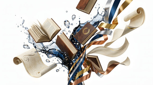 Open books, gold-laurel embossed volumes, scrolls, and metallic gold-silver-copper ribbons swirl upward in a sparkling water vortex.