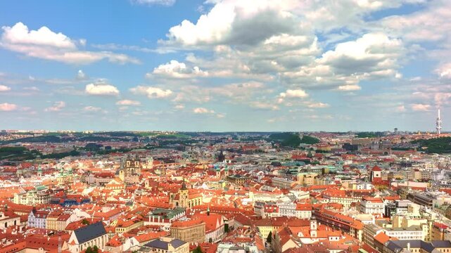 Prague colorful rooftops across historic districts. Prague from wide aerial view. Prague architecture with European charm. Prague capital cityscape.