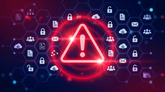 Digital network security alert with glowing red warning triangle and cloud storage icons representing cyber threats and data protection risks in a modern interconnected environment