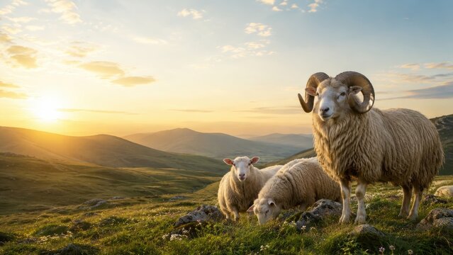 Kurban Bayram Concept with Horned Ram and Sheep in Scenic Mountain Sunset