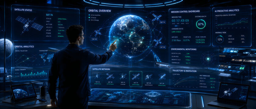 Futuristic digital interface showing orbital analytics and global overview with holographic Earth